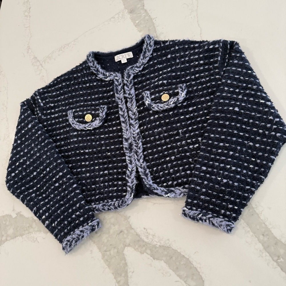 J. Crew Cropped Lady Jacket Marled Yarn Women’s XS Blue Hook & Eye Closure Knit - Picture 2 of 7